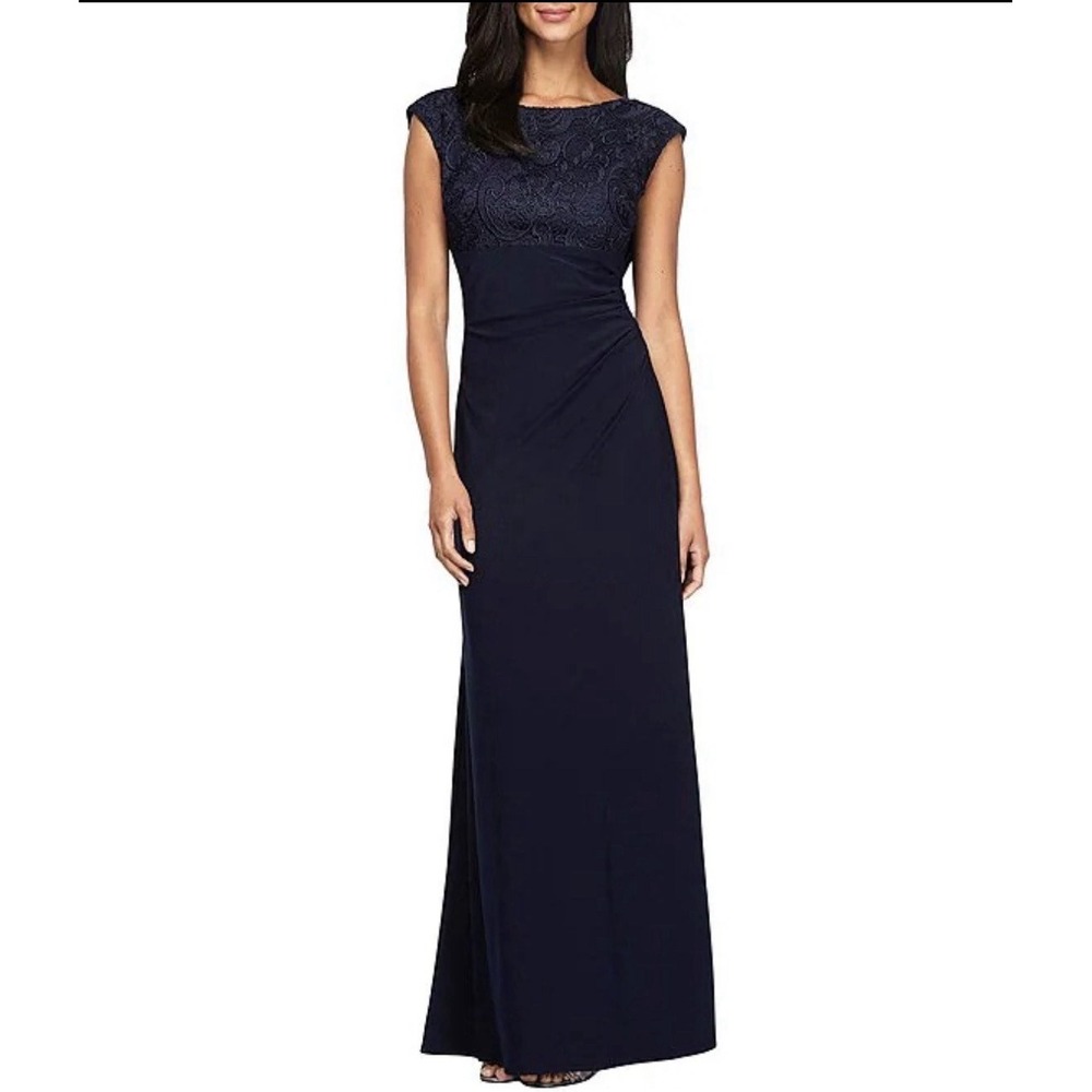 Alex Evenings navy blue gown featuring a lace bodice Size 10 Navy Cowl Back - Picture 15 of 15